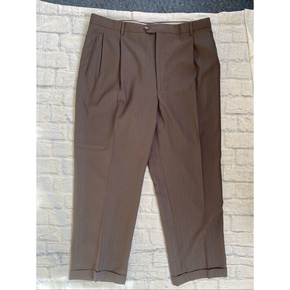 Men’s pleated dress cuffed wool pants 43 waist made in italy pin stripe brown